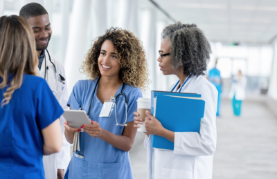 A team of health care workers talking